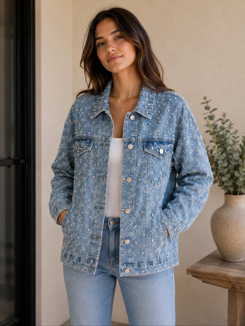 AZ Blue denim jackeT Dazzle Embellished Light Stud Rhitestone Silver Stud